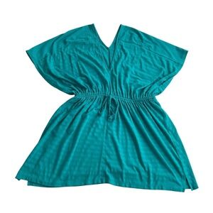 Ann Taylor Loft Cover Up Dress XS Teal Drawstring Waist V-Neck Beach Swim